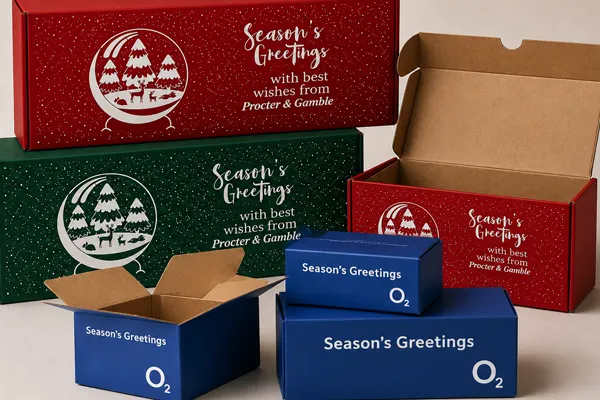 Branded cardboard outer box with full-colour company design for corporate hampers