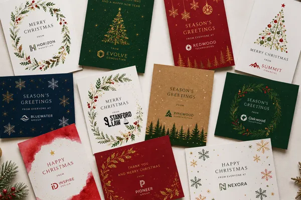Printed greeting cards with company branding for corporate hampers