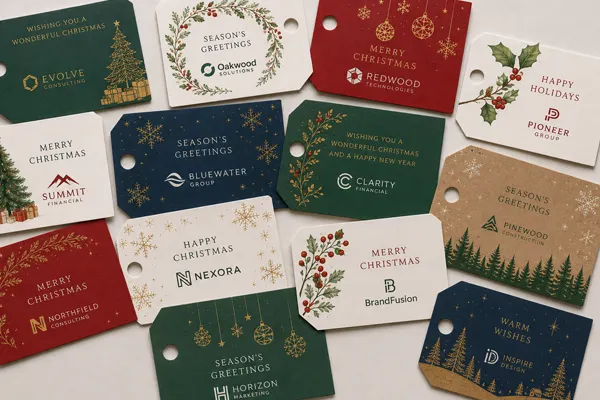 Card luggage tags with company logo attached to corporate hamper