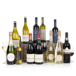 A selection of fine wines in a wicker basket